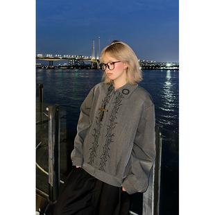 kk soul美式复古刺绣荆棘重磅夹克外套女设计感cleanfit翻领上衣