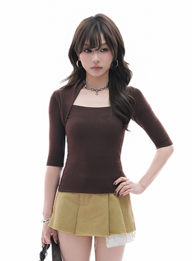 kk soul美式设计感方领正肩中袖T恤女气质收腰显瘦内搭短款上衣潮