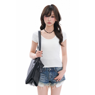 短款 简约正肩修身 T恤女夏季 辣妹上衣 soul韩系纯欲风U型领短袖