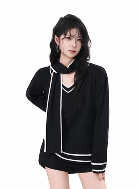 kk soul高级感黑色围巾飘带长袖针织衫女复古百搭慵懒风休闲毛衣