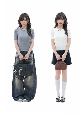 kk soul韩系小个子修身显瘦短袖针织衫女ins简约风字母刺绣短毛衣