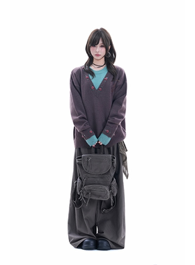 kk soul韩系复古假两件V领撞色拼接刺绣毛衣女春季针织衫上衣外套