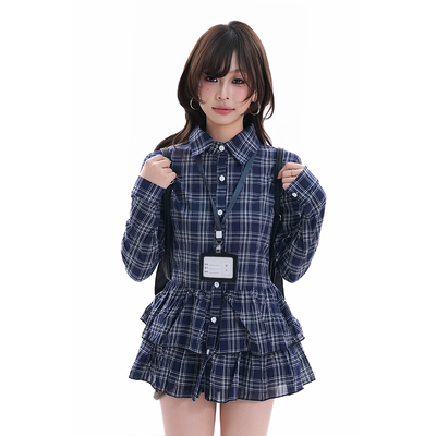 kk soul复古辣妹风撞色格纹荷叶边长袖衬衫女慵懒感收腰显瘦衬衣