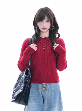 kk soul复古红色麻花圆领短款毛衣女圣诞氛围慵懒内搭打底针织衫