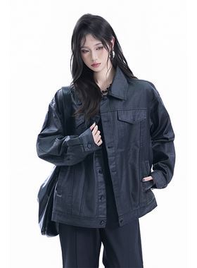 kk soul美式复古黑色工装翻领夹克女秋季小众设计感宽松皮衣外套