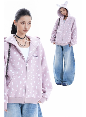 kk soul美式趣味斑点满印开衫卫衣休闲宽松bf情侣耳朵连帽外套潮
