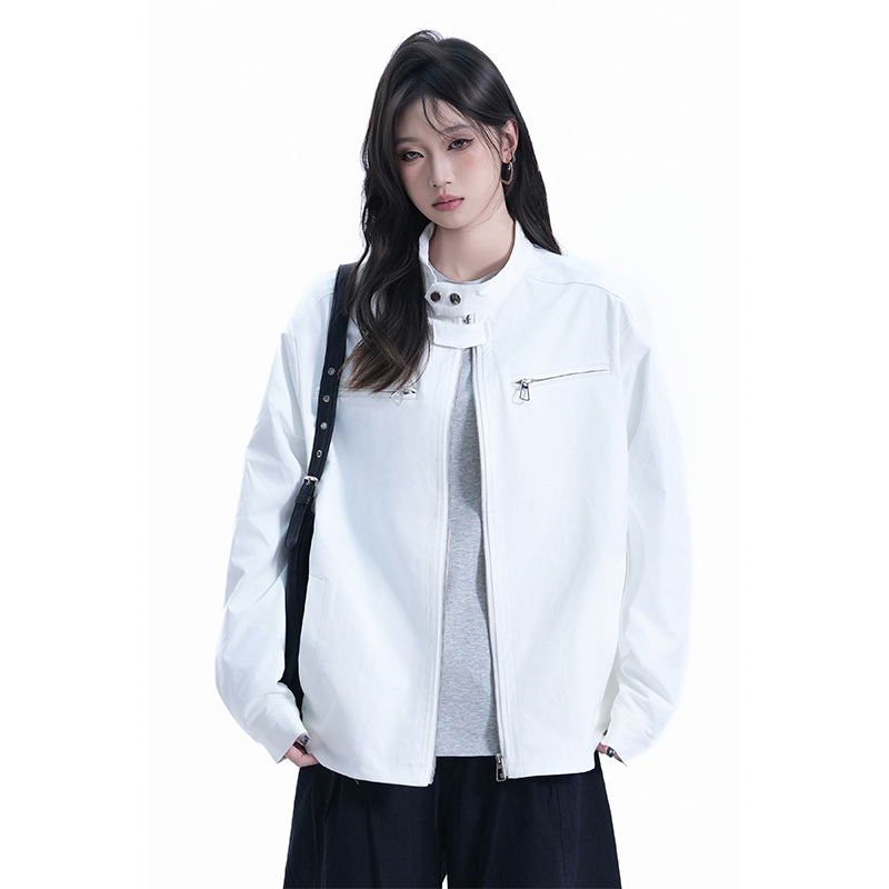 kk soul韩系高级感白色立领拉链工装外套女秋冬季设计感小众夹克
