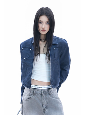 kk soul美式工装铆钉翻领短款牛仔风外套街头高级感辣妹修身夹克