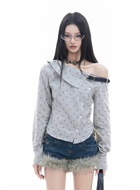 kk soul韩系复古斜肩翻领格子设计感衬衫2026春季修身显瘦上衣ins