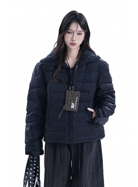 kk soul冬季轻薄排骨连帽黑色羽绒服女美式复古保暖宽松情侣外套