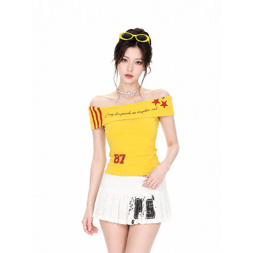 kk soul美式abg辣妹高级感一字肩短袖T恤女运动撞色字母修身上衣