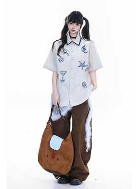 kk soul复古学院风涂鸦蓝色衬衣POLO领设计感小众夏季情侣衬衫潮