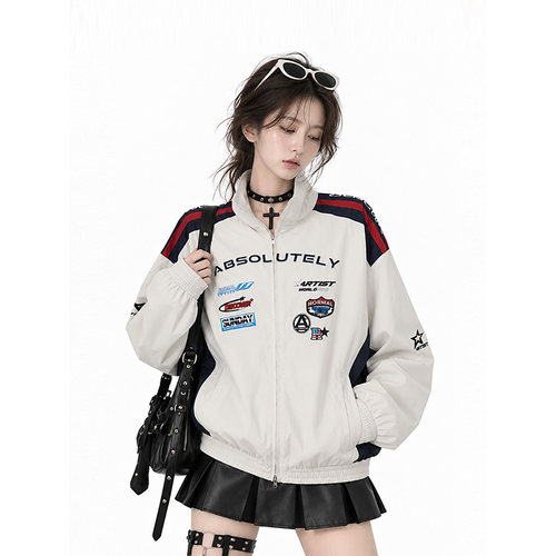 kk soul美式赛车服外套女秋季新款徽章印花拼色宽松立领夹克上衣