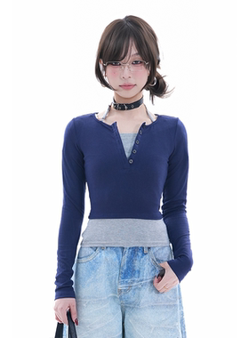 kk soul纯欲风早春挂脖辣妹设计感小众长袖上衣正肩V领假两件T恤