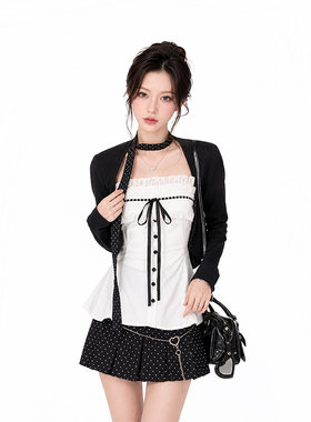 kk soul韩系学院风蕾丝花边抹胸黑色开衫波点短裙飘带绝美三件套