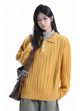 kk soul美式复古黄色麻花毛衣秋冬新款宽松慵懒感POLO领针织衫潮