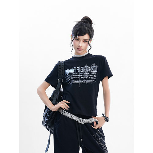 kk soul美式亚文化十字架刺绣正肩短袖T恤夏季abg辣妹风修身上衣