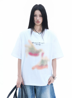 kk soul美式复古渐变手掌印花短袖T恤女宽松潮牌个性情侣ins上衣