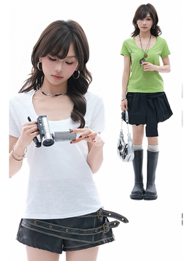 kk soul美式慵懒感小众圆领短袖T恤女小个子修身显瘦纯色短款上衣