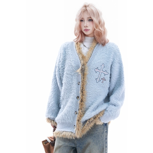 复古十字架刺绣仿貂毛毛衣女秋冬宽松慵懒百搭针织衫 soul美式