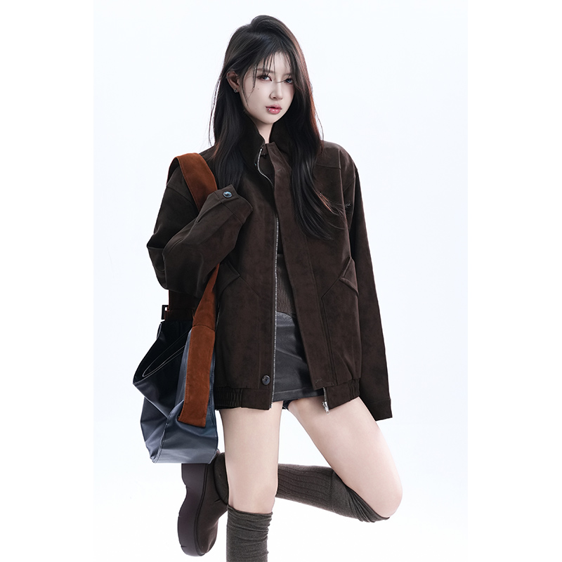 kk soul美式复古纯色老钱风外套夹克中性风飞行员拉链开衫上衣潮