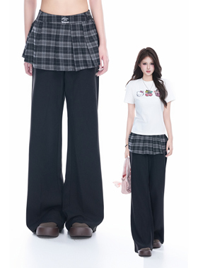 kk soul小众拼接格纹屁帘假两件黑色长裤春夏宽松垂感微喇拖地裤