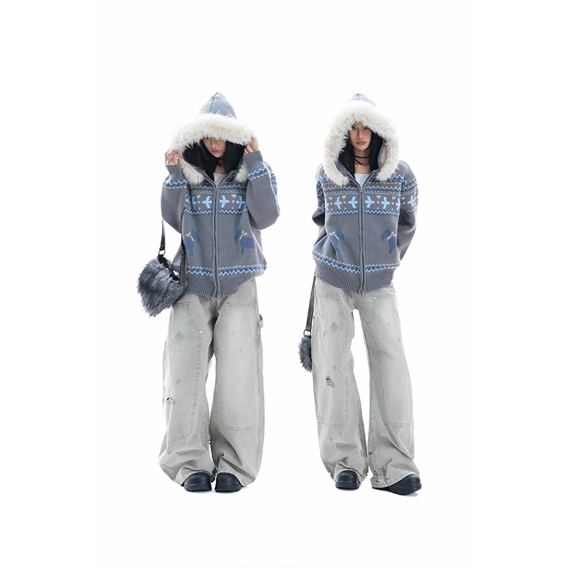 kk soul复古费尔岛可拆卸毛领连帽针织衫高级感小众宽松毛衣外套,女装/女士精品,毛衣,淘宝优惠券,粉丝福利购,淘宝优惠卷