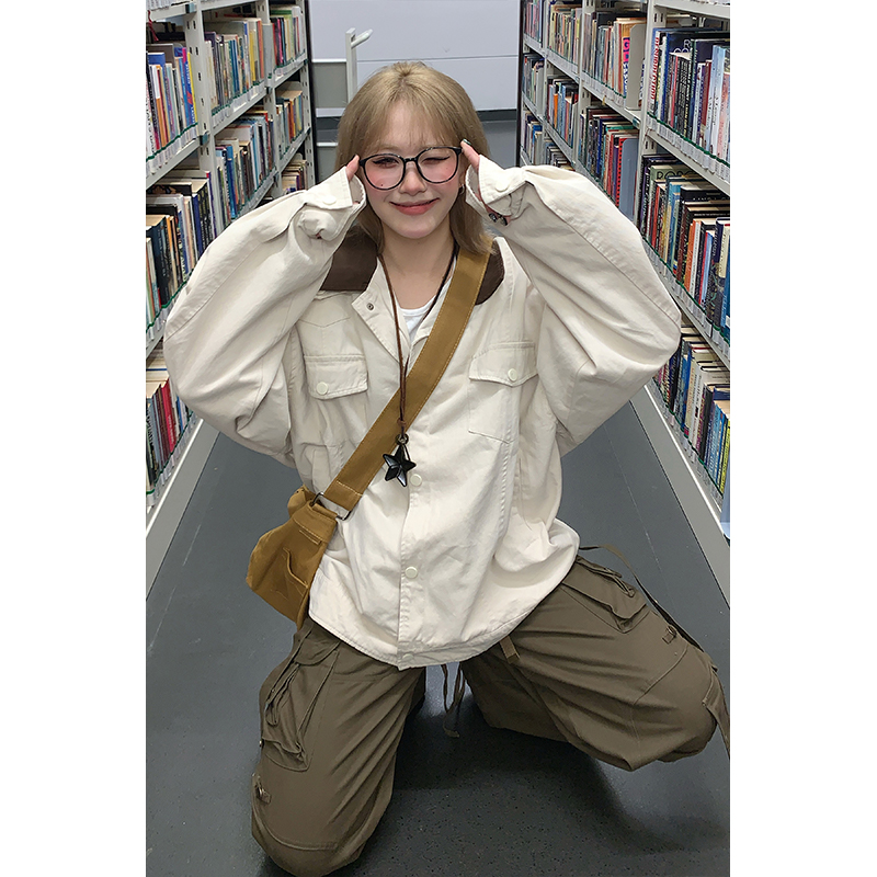 kk soul美式复古撞色翻领工装外套女秋季多口袋设计宽松夹克上衣