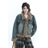 短款 soul复古韩系毛绒渐变水洗牛仔冬季 外套加厚保暖百搭上衣