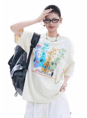 kk soul甜酷多巴胺彩色花瓶花卉印花短袖T恤慵懒松弛感圆领上衣潮