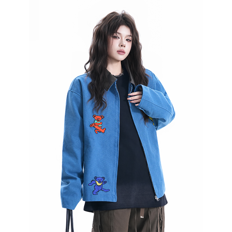 kk soul美式复古小熊刺绣翻领帆布夹克秋冬中性风宽松百搭外套潮