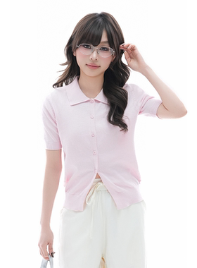 kk soul甜美粉色休闲简约开衫春季软糯显瘦针织POLO领短款毛衣潮