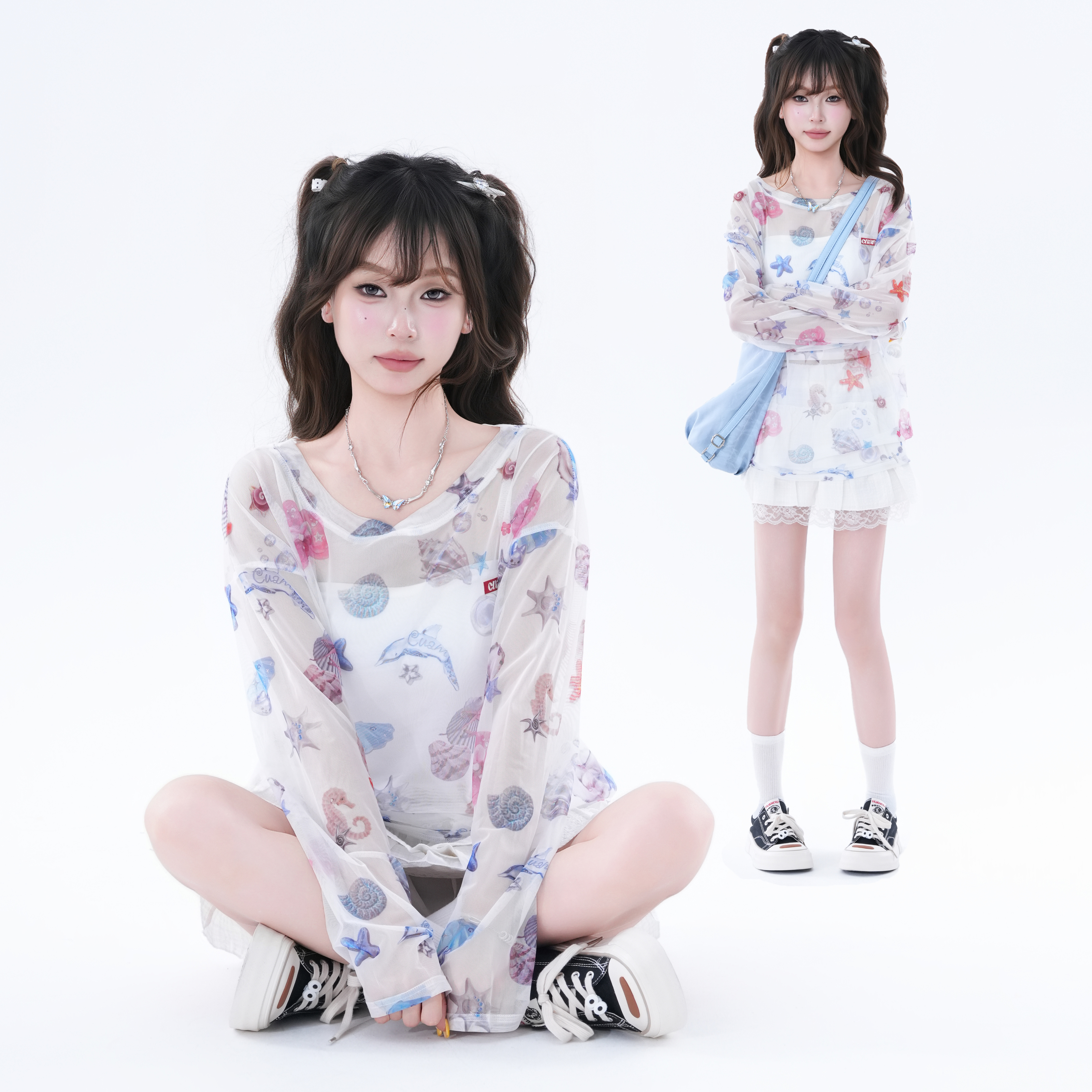kk soul甜美海星贝壳印花斜肩长袖T恤女夏季新款宽松微透防晒上衣