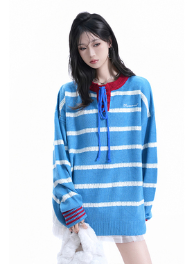 kk soul美式复古蓝色条纹撞色毛衣女秋冬慵懒感情侣针织衫上衣潮