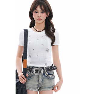 soul美式 短款 辣妹星星印花短袖 独特设计感修身 上衣潮 T恤女夏季
