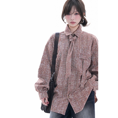 kk soul美式复古格子长袖POLO领衬衣宽松慵懒风百搭休闲情侣衬衫