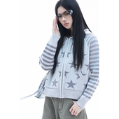 soul美式 复古星星慵懒风软糯短款 毛衣开衫 条纹插肩袖 酷辣外套