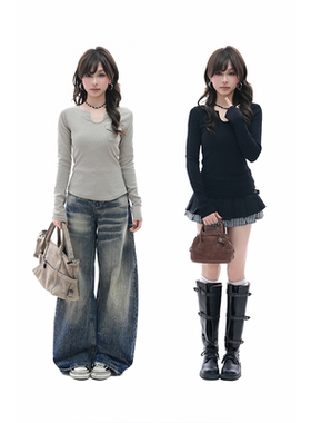 kk soul美式辣妹风短款修身显瘦U领长袖T恤女早春设计感内搭上衣