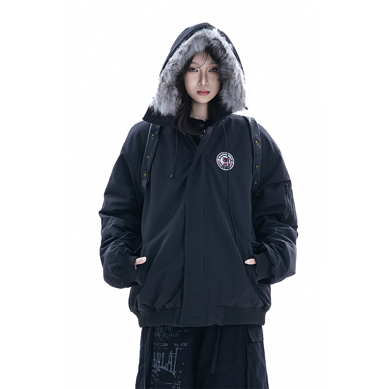 kk soul美式复古毛领连帽外套派克服冬季保暖宽松情侣棉衣工装潮
