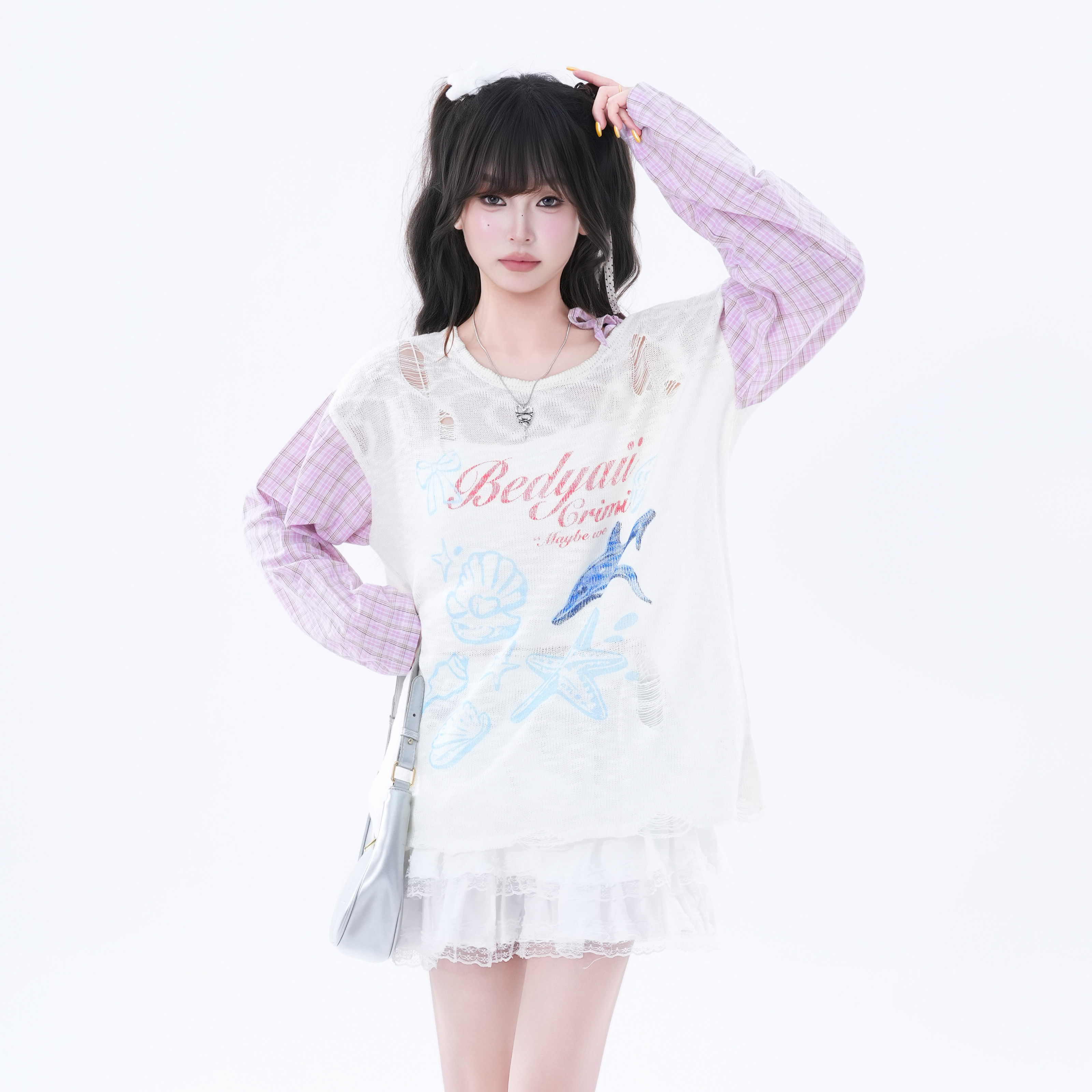 kk soul可爱甜美海底世界露肩长袖T恤女2025新款宽松防晒罩衫上衣