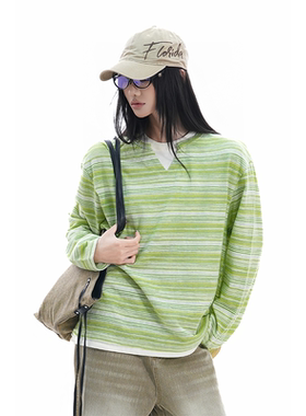 kk soul日系复古v领假两件宽松条纹T恤慵懒风春季百搭情侣上衣潮