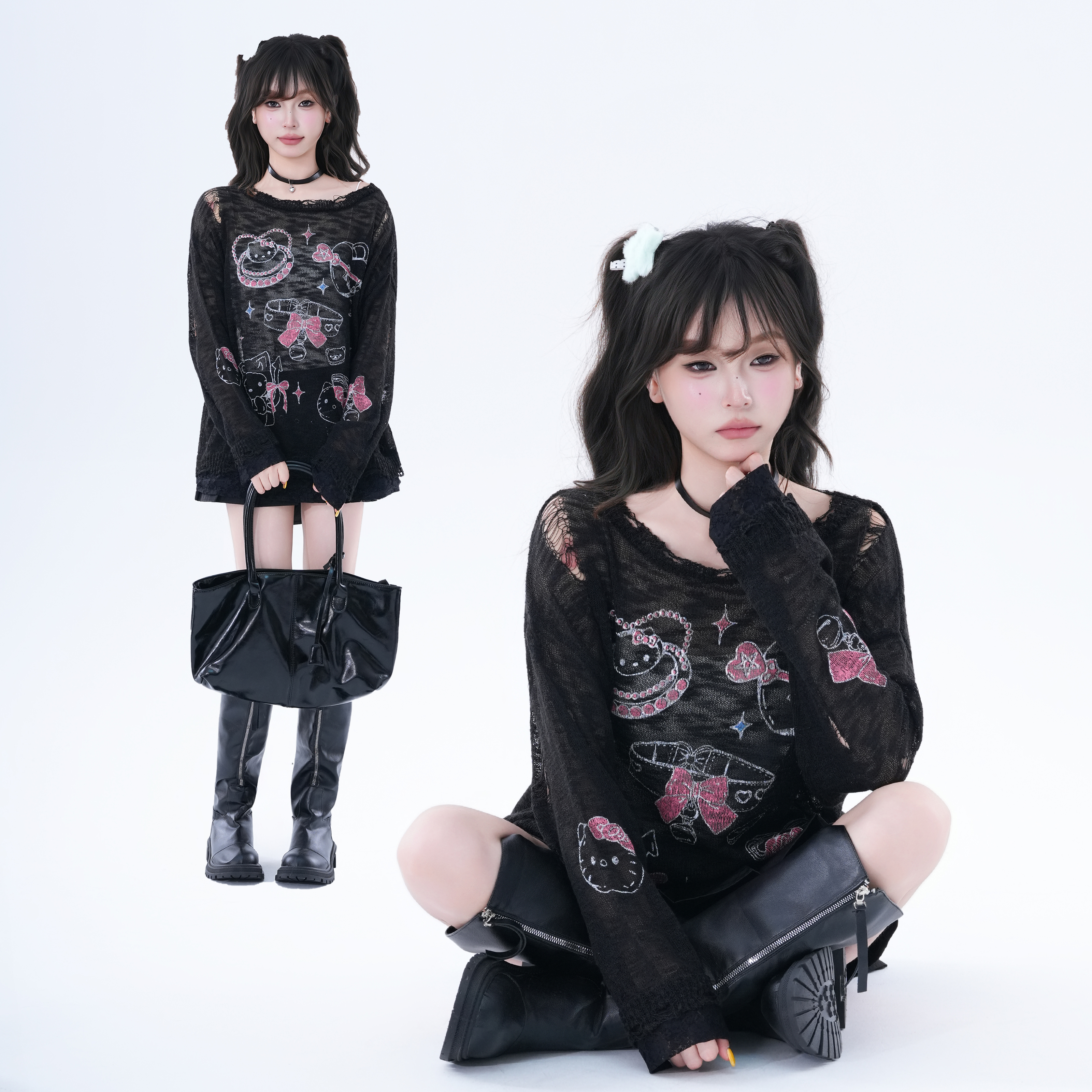 kk soul甜美风凯蒂猫印花长袖T恤女新款复古宽松镂空微透罩衫上衣