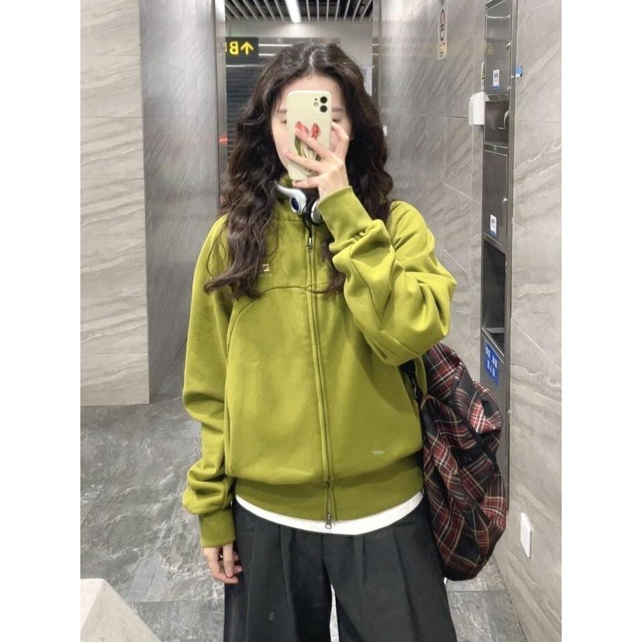 韩系绿色秋季卫衣外套女春秋新款小个子复古宽松连帽开衫长袖上衣