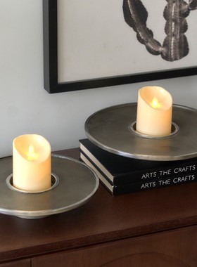 进口 欧美式铝制圆碟状烛台银灰色圆形艺术蜡烛台家居软装饰摆件