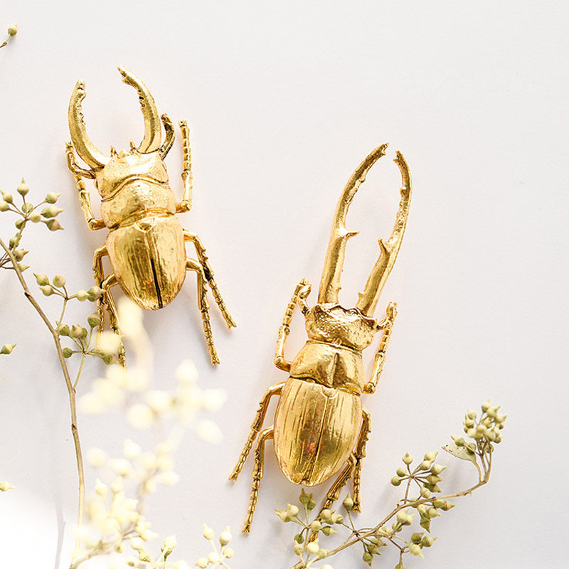 金色金属甲虫造型鹿角虫小昆虫动物轻奢样板房儿童房软装小摆件