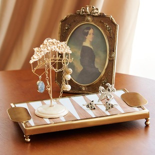 进口木制金属拼接创意长方形托盘样板间售楼处摆件客厅餐厅装 饰品