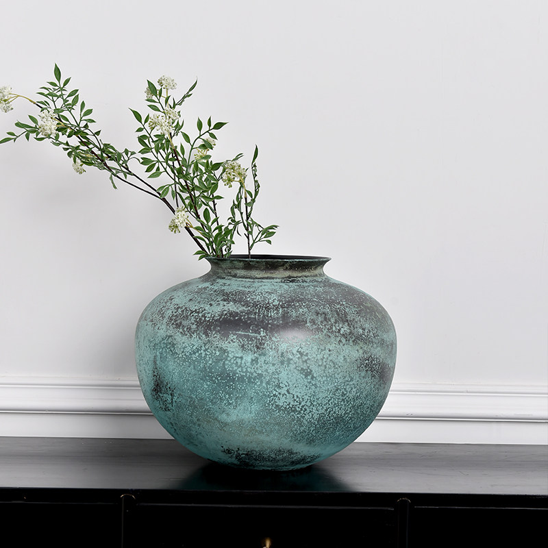 进口复古怀旧大号居家装饰花器大肚花罐仿古烟灰绿花瓶样板房摆件