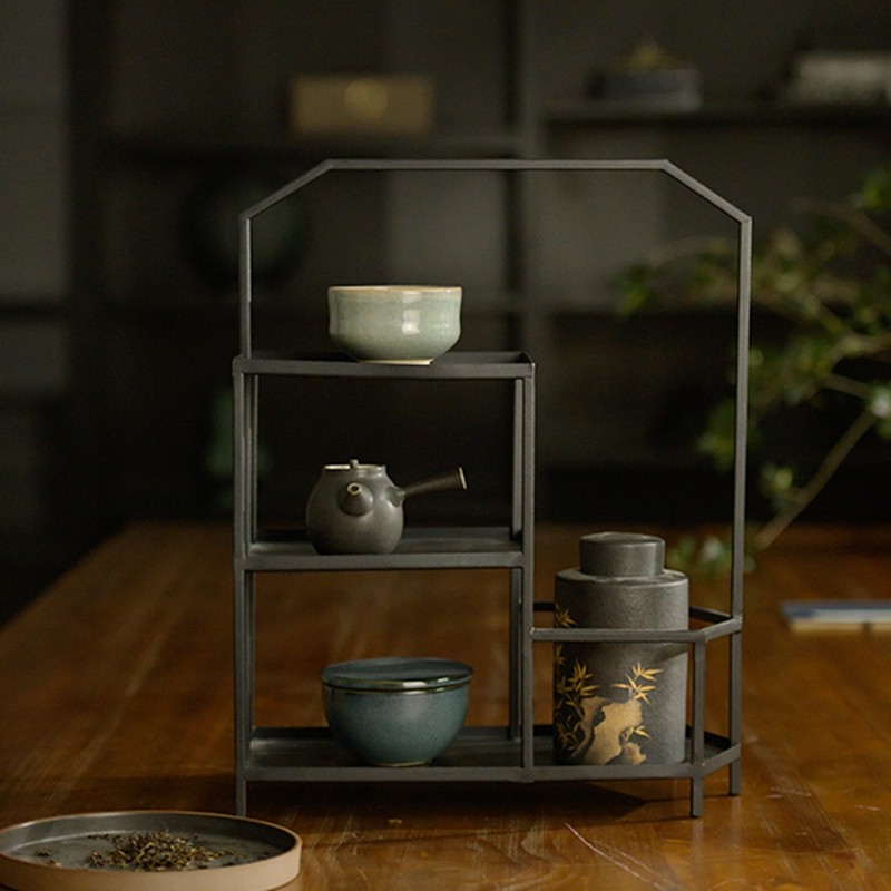 黑色铁艺新中式多层茶具收纳架摆件高低铁艺小陈列架客厅软装饰品
