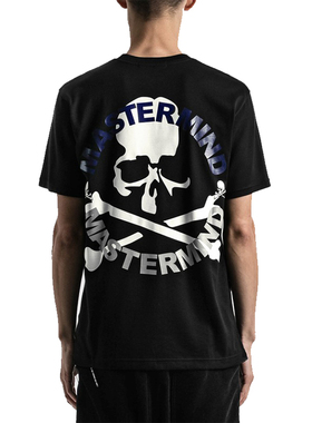 2022暗黑潮牌MMJ骷髅头MASTERMIND WORLD高街深蓝反光白套印短袖