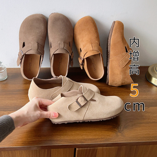 真皮牛皮勃肯鞋包头拖鞋复古休闲软底内增高5CM一脚蹬懒人拖鞋秋